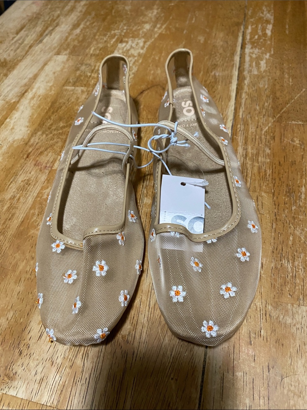 Beautiful SO Beige Mesh Floral Embroidered Ballet Flats